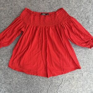 Lauren Ralph Lauren Shirt Womens 2X Red Off Shoulder Smocked Peasant 3/4 Sleeve